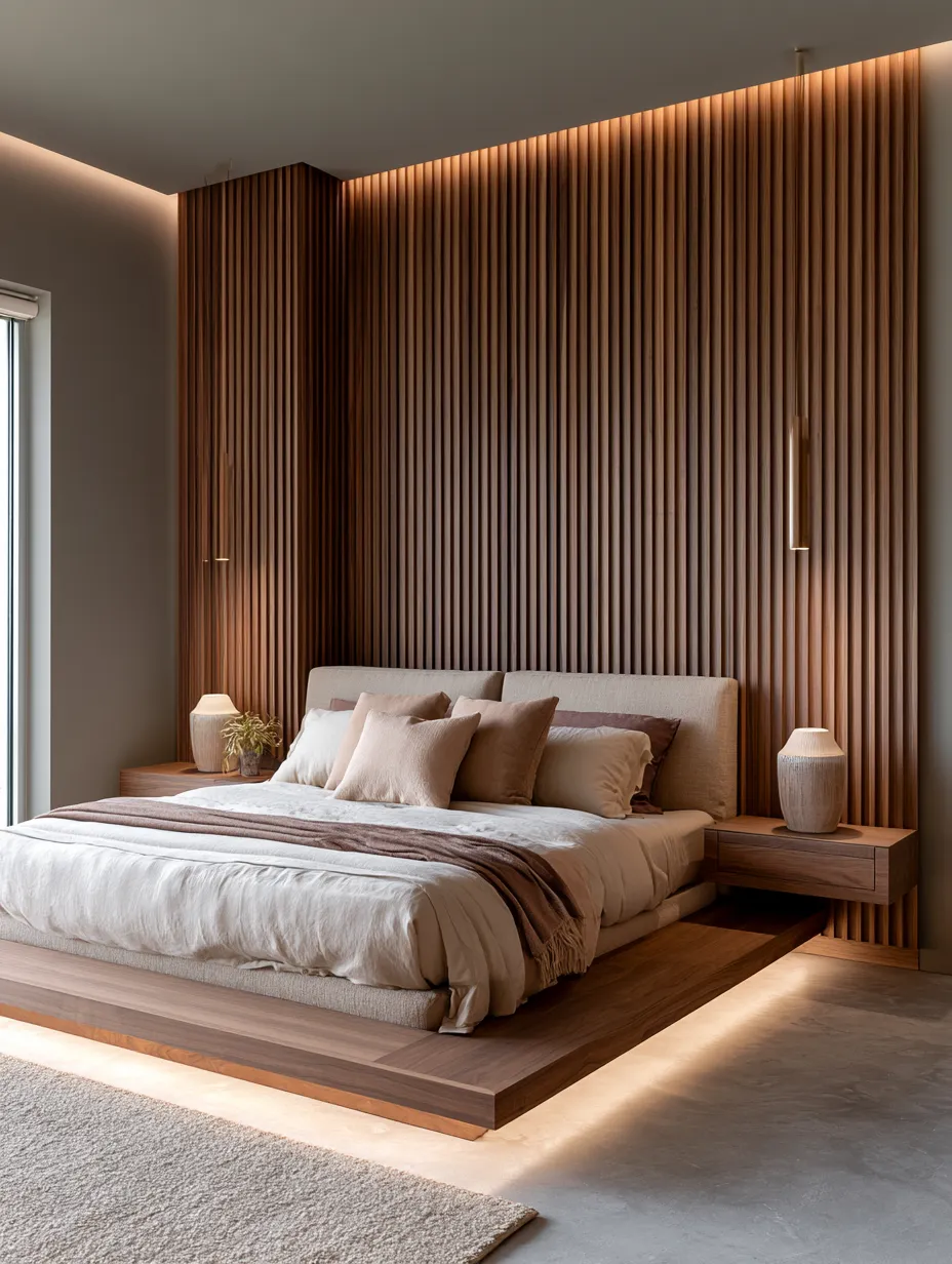 Premium hardwood reeded panelling in contemporary master bedroom