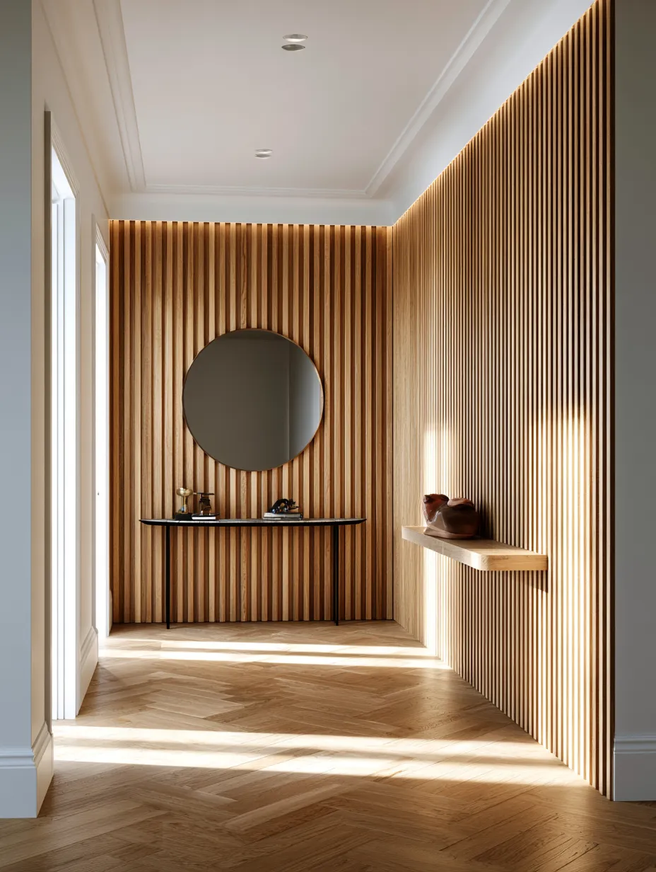 Floor to ceiling reeded wood panelling in bright hallway
