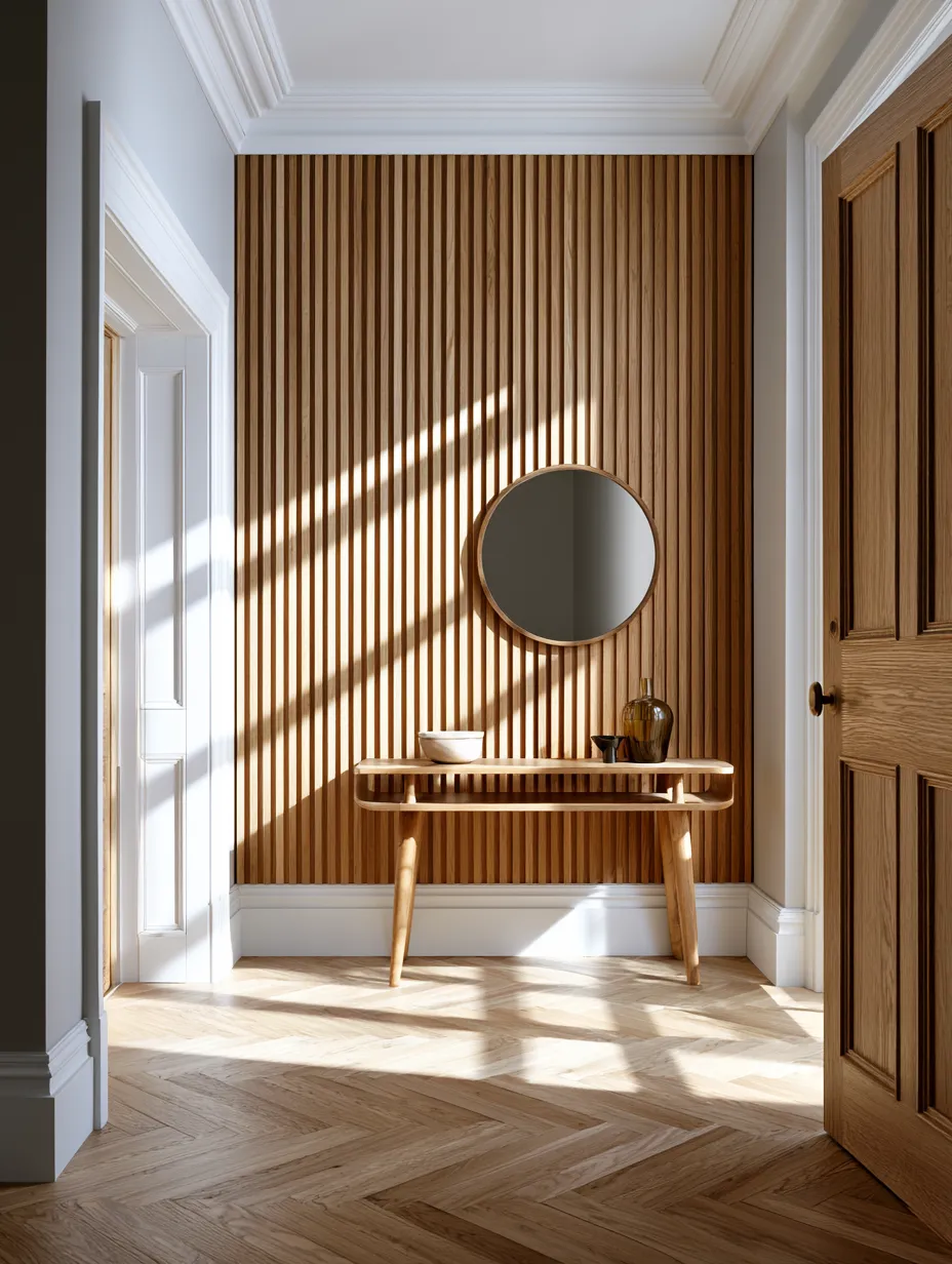 Vertical groove panels transforming narrow corridor into arrival space