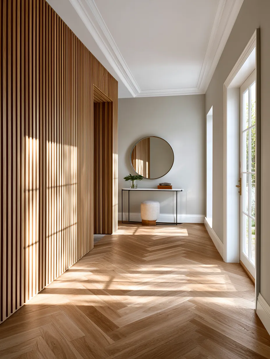 Natural wood wall panels with console table in modern entryway
