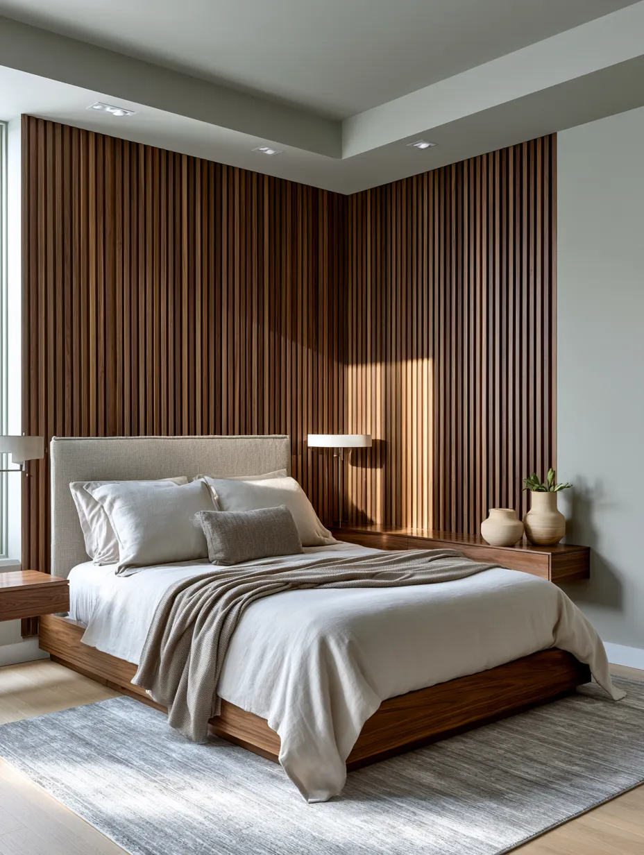 Stained wood fluted wall panels with architectural shadow lines