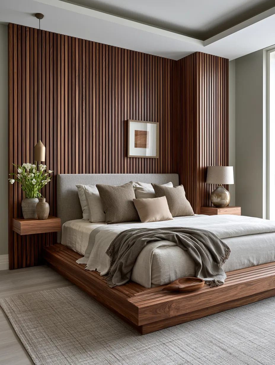 Smoked walnut fluted panels behind white linen bed