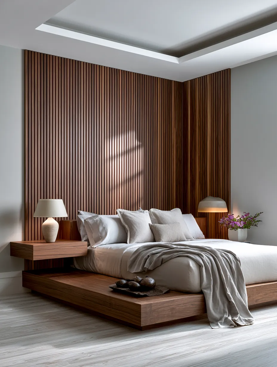 Deep groove wood wall panels in warm residential bedroom