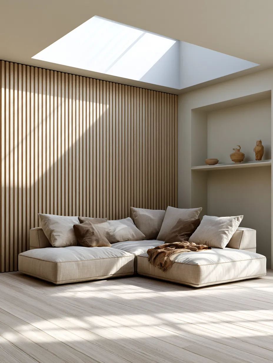 Full height reeded wood panels transforming plain living room wall