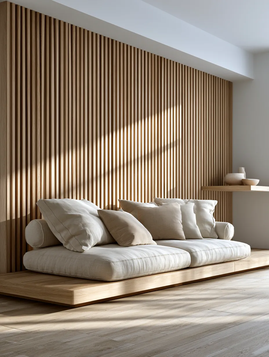 Fluted oak wall panels behind neutral linen sofa