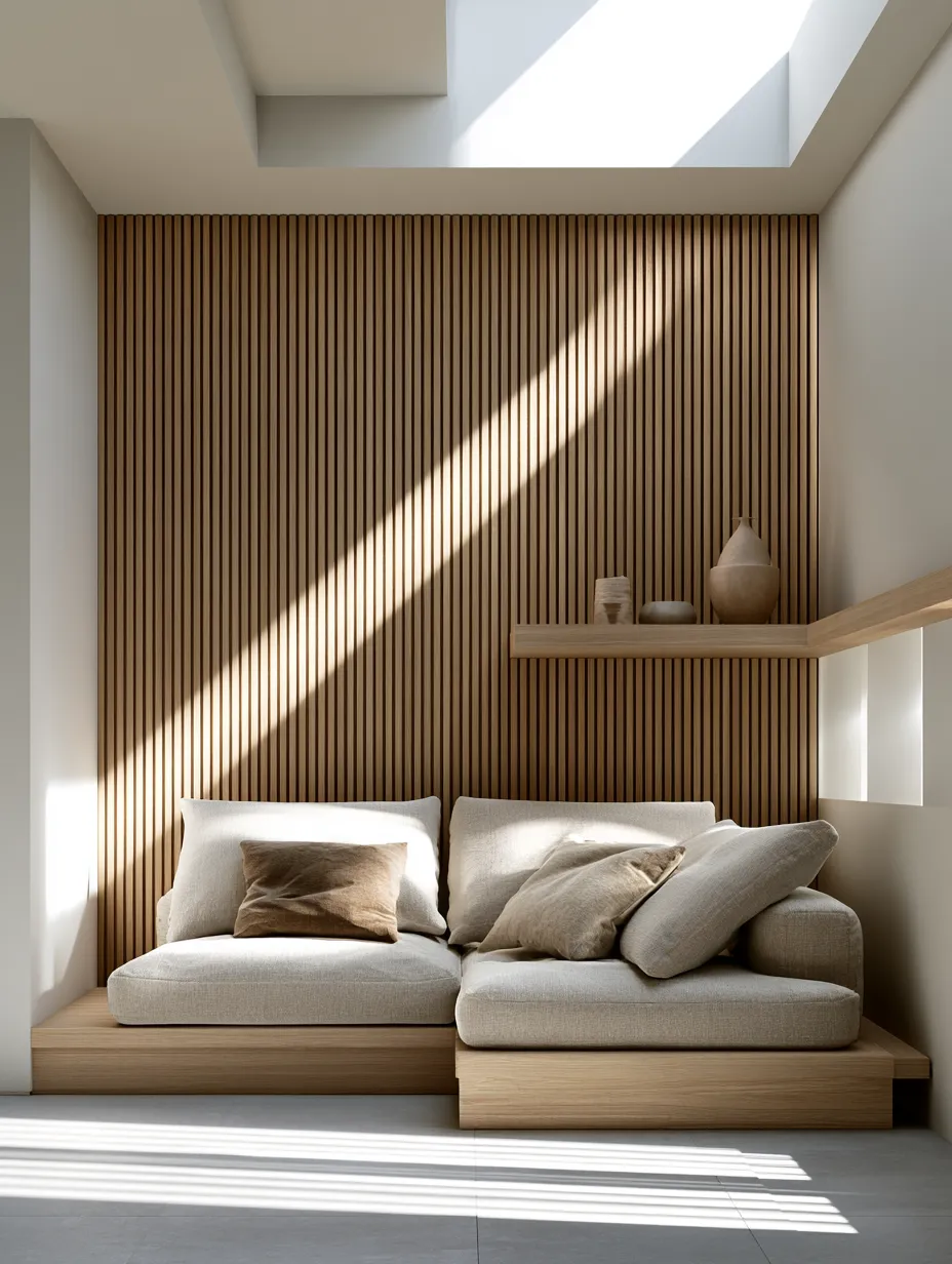 Natural wood fluted panelling in bright contemporary living room