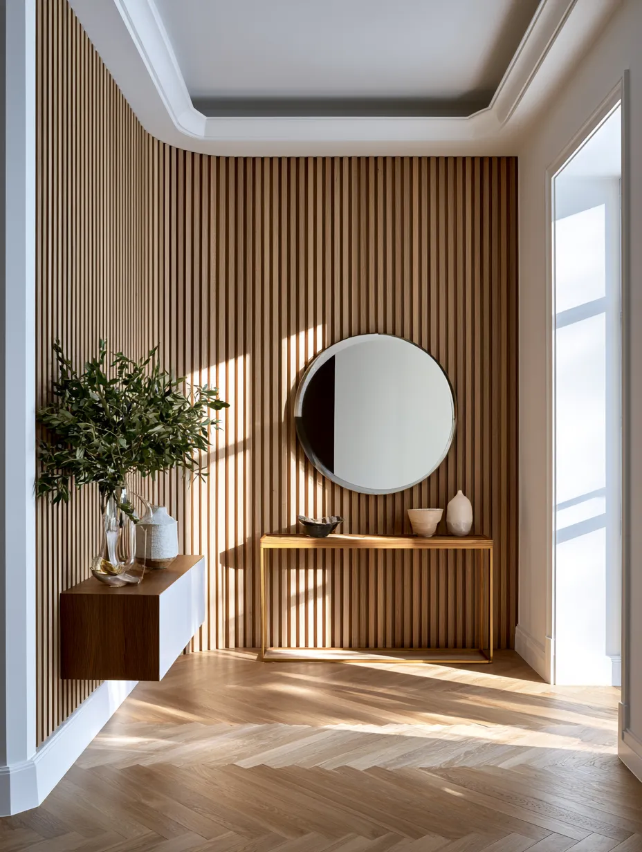 White oak fluted panels in full height residential entryway