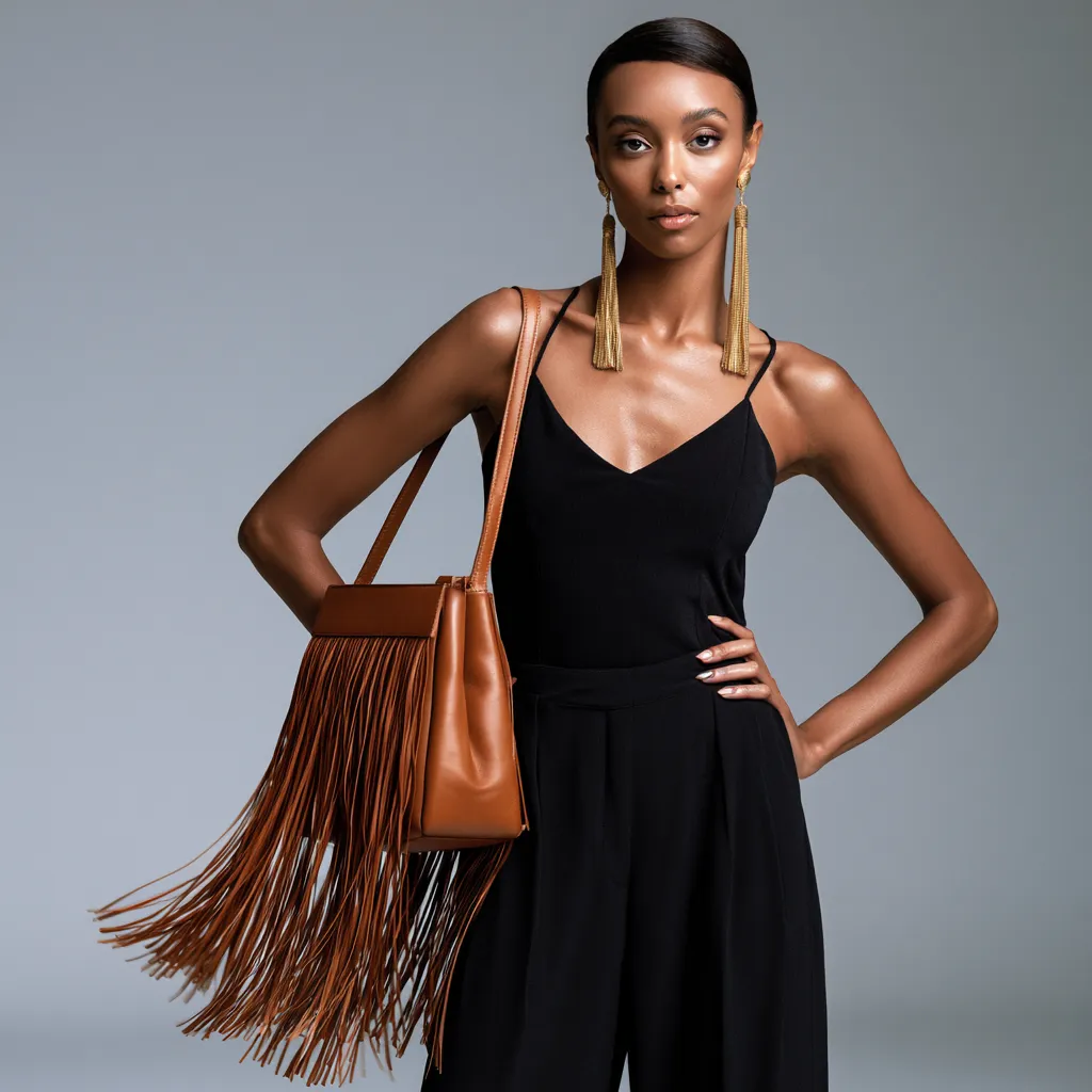 gold tassel earrings with structured fringe bag look