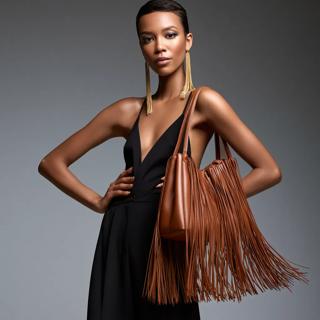 fringe shoulder bag outfit editorial magazine pose