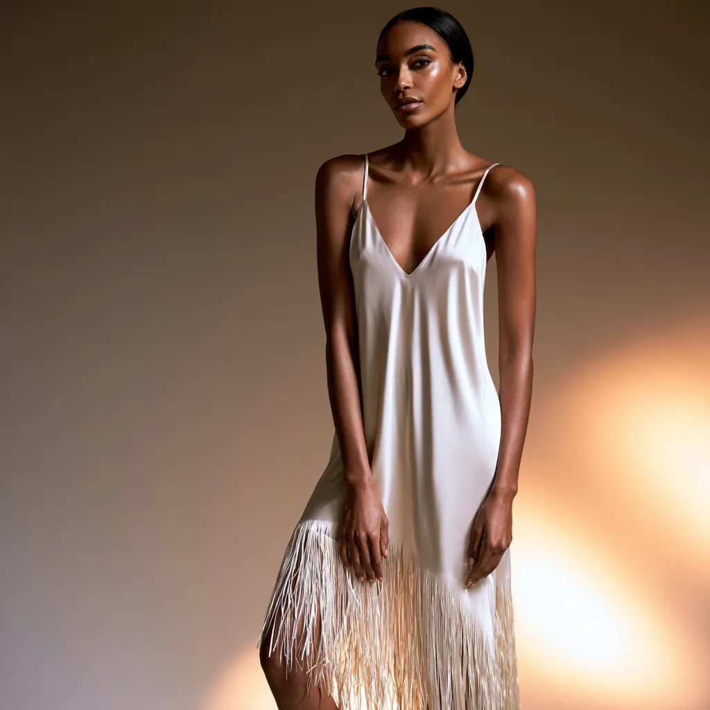 luxury fringe silhouette dress standing pose magazine shoot