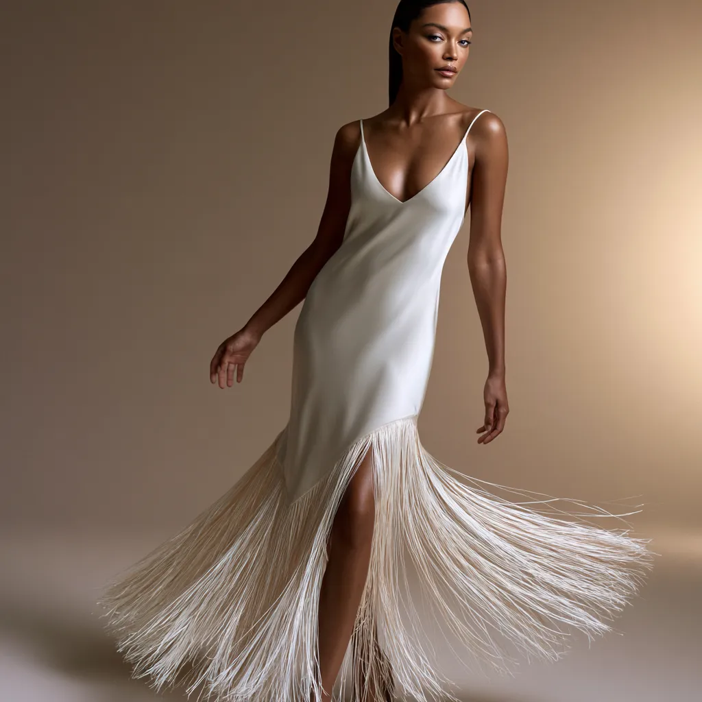 model in silk fringe hem dress studio editorial pose