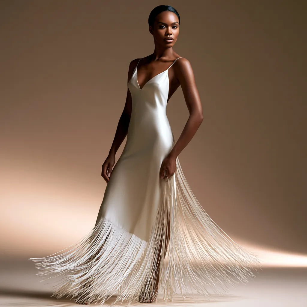 ivory bias cut dress with fine fringe detail runway