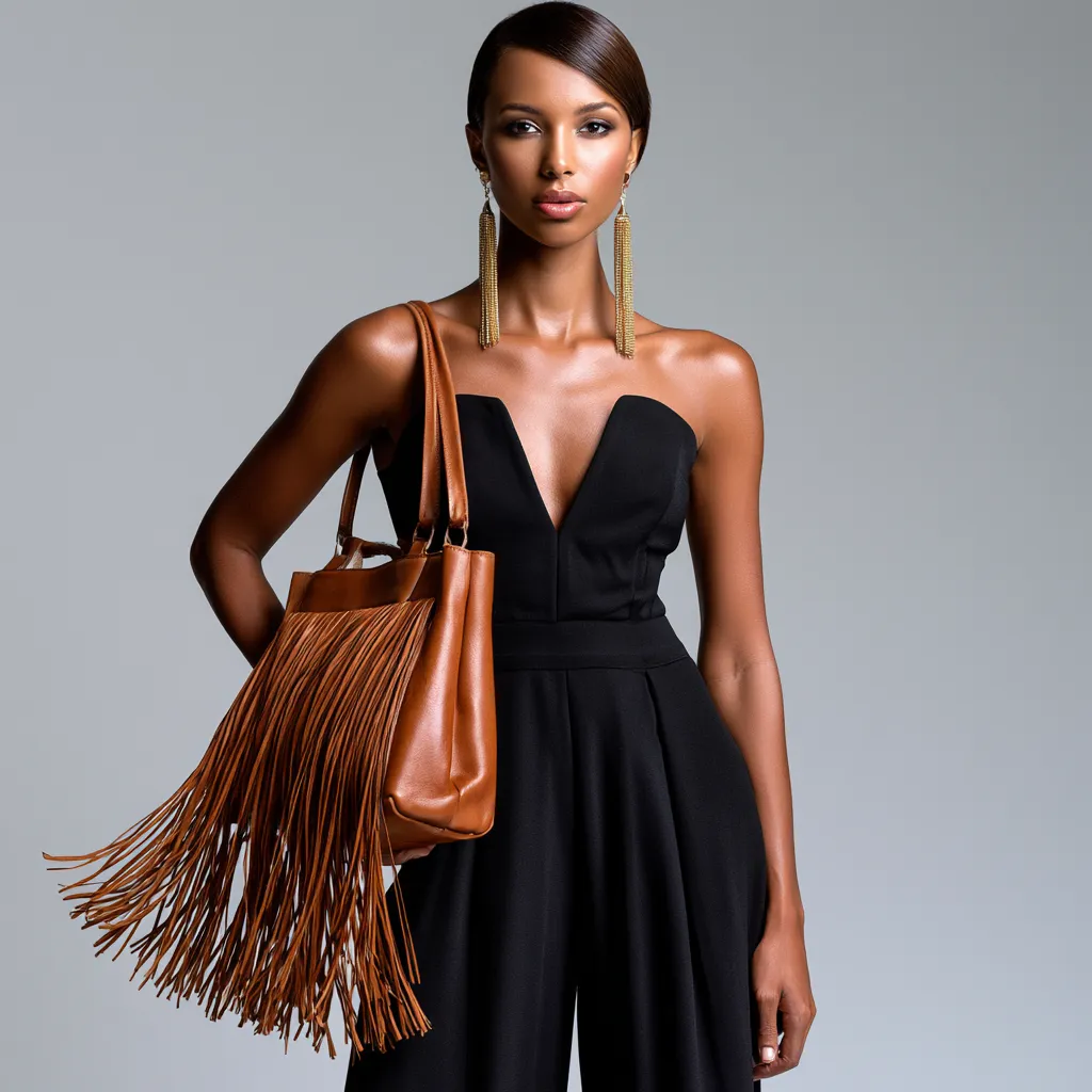 cognac fringe accessories against black wide leg trousers