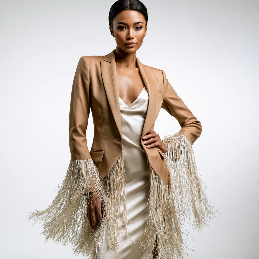 tailored fringe blazer over slip dress editorial pose