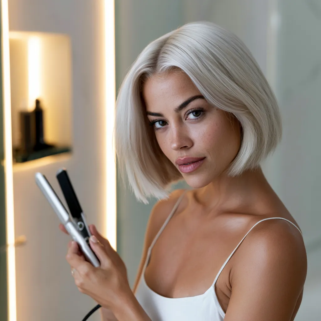 sleek home hair styling with visible product shelf