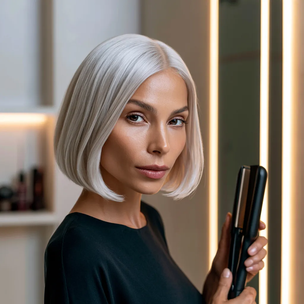 heat styling short platinum hair with ceramic iron