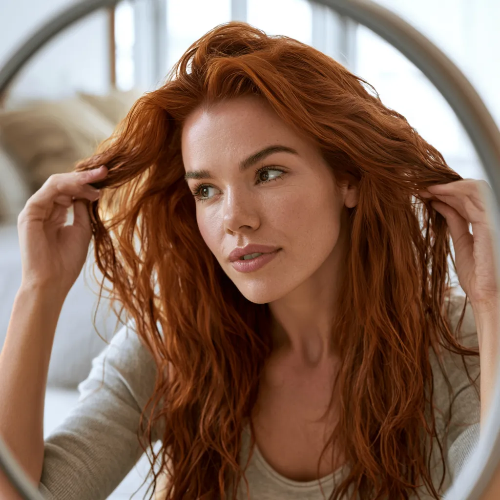 woman twisting damp hair into no-heat style at home