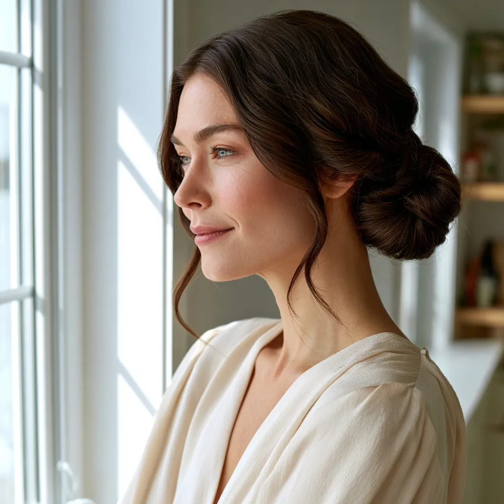 woman with styled chignon near bright kitchen window