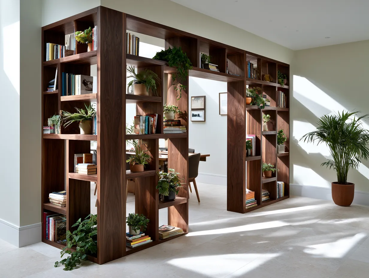 Open-plan home with bookshelf wall creating defined living zone