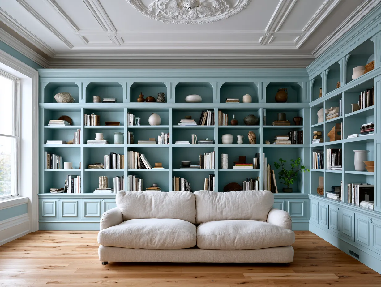 Book drenching effect covering entire living room back wall