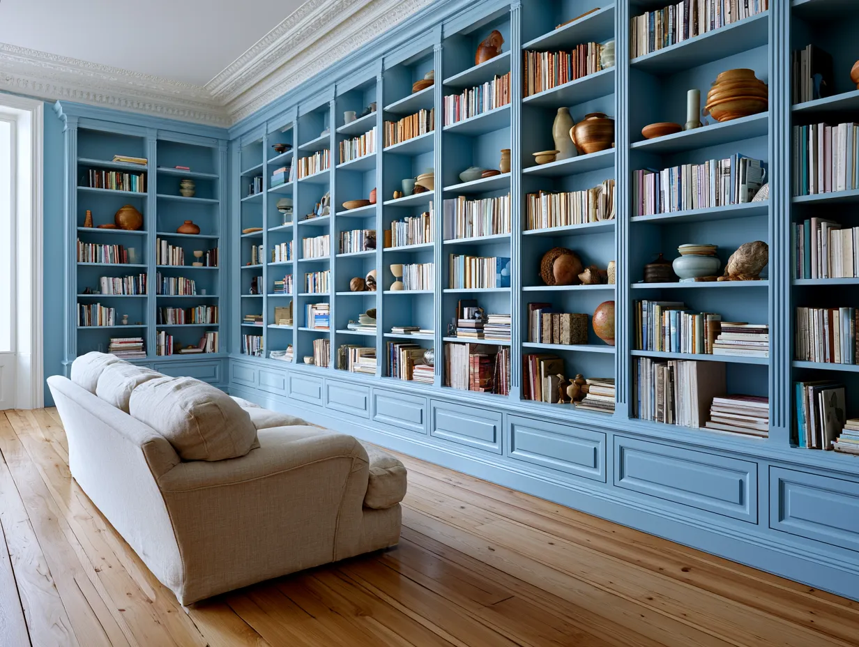 Wall-to-wall built-in shelves painted single color in bright room