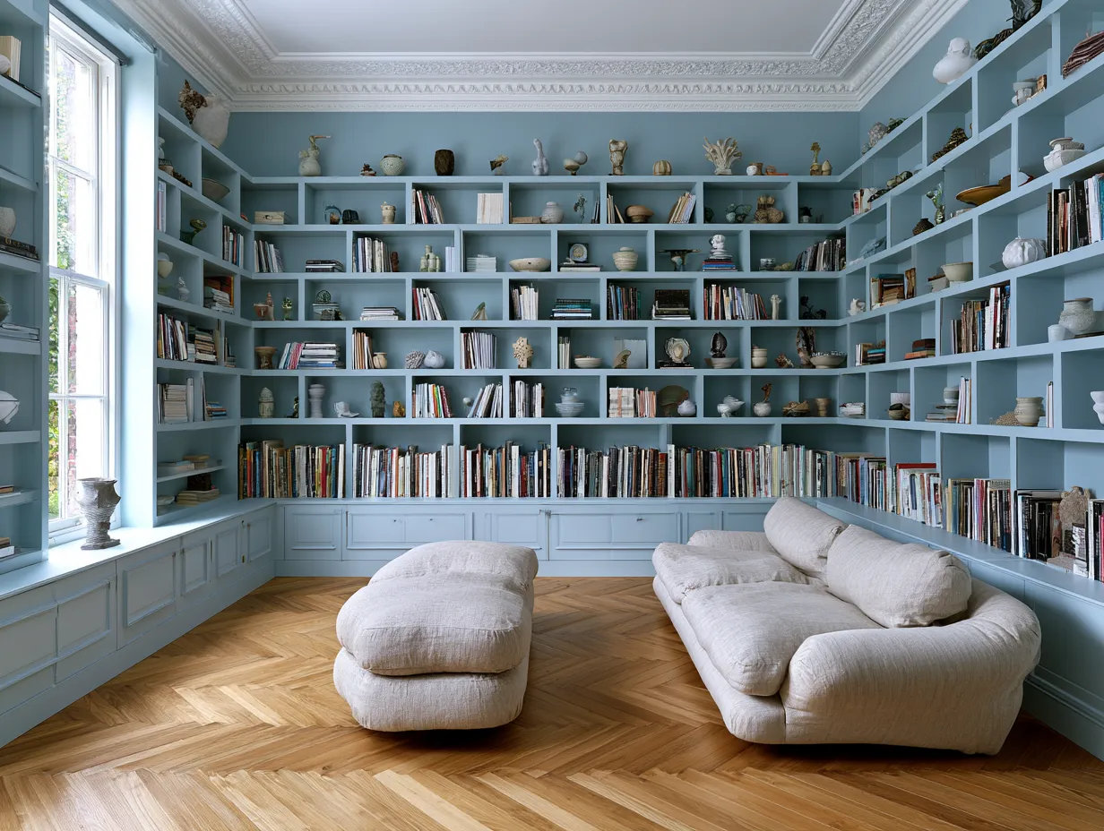 Powder-blue floor-to-ceiling bookshelf wall in heritage living room