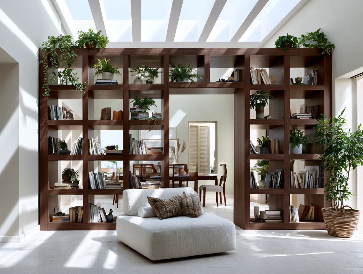 Library wrap shelving separating kitchen from sitting room space