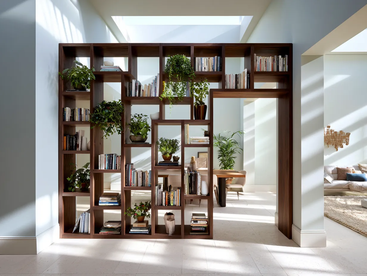Floor-to-ceiling walnut library wall acting as room divider