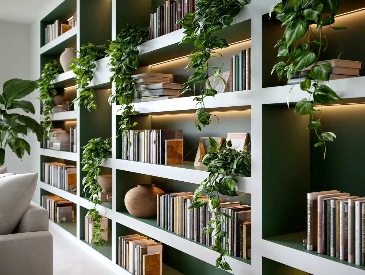 Close-up of floor-to-ceiling shelving with mixed objects and books