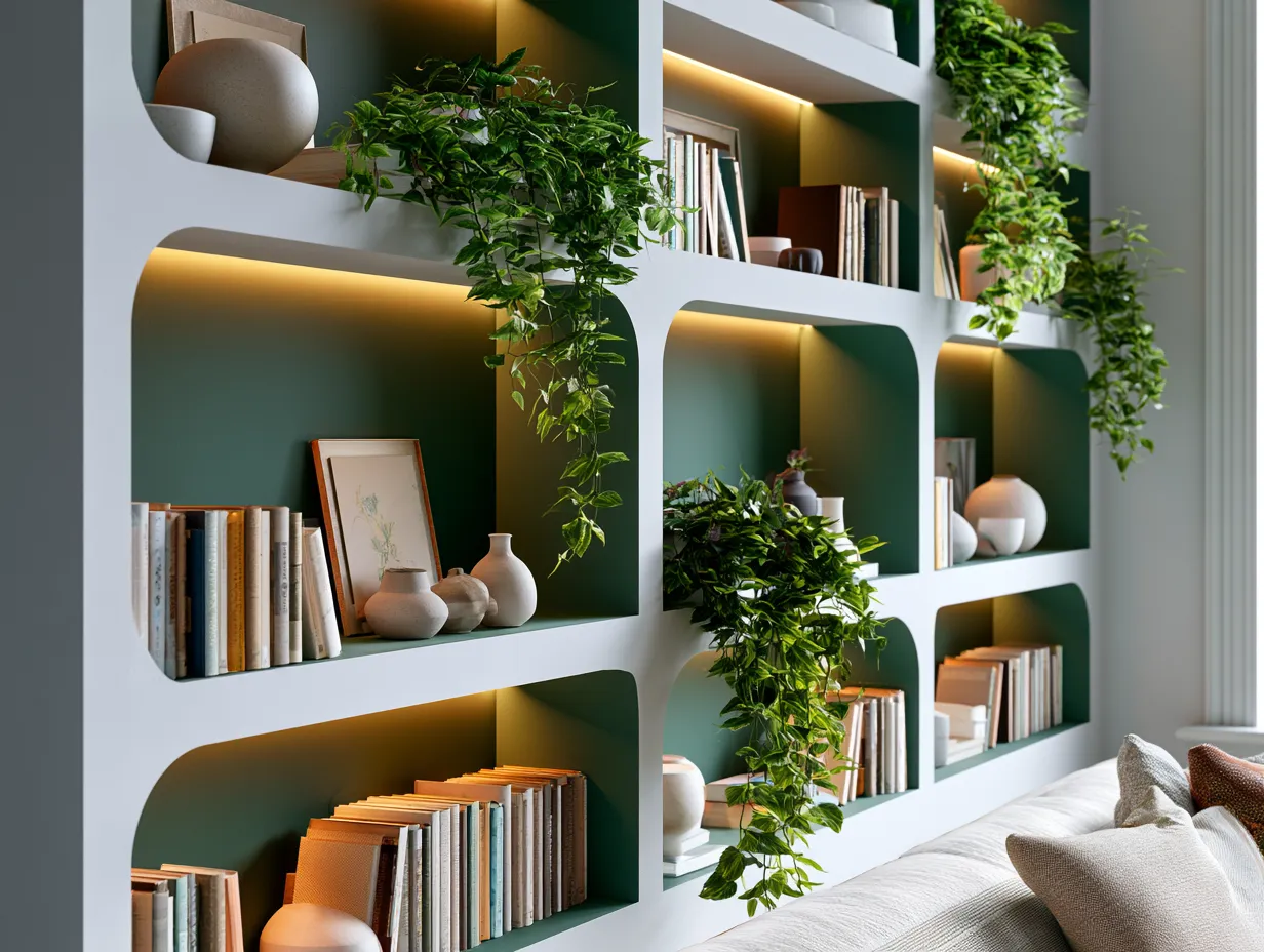 Warm glowing shelf lighting inside built-in living room library wall