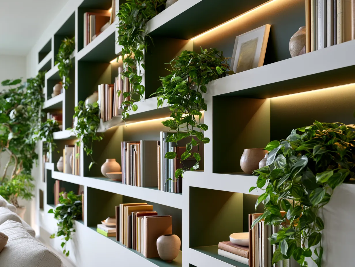 Styled built-in bookshelf with ceramics books and trailing plants