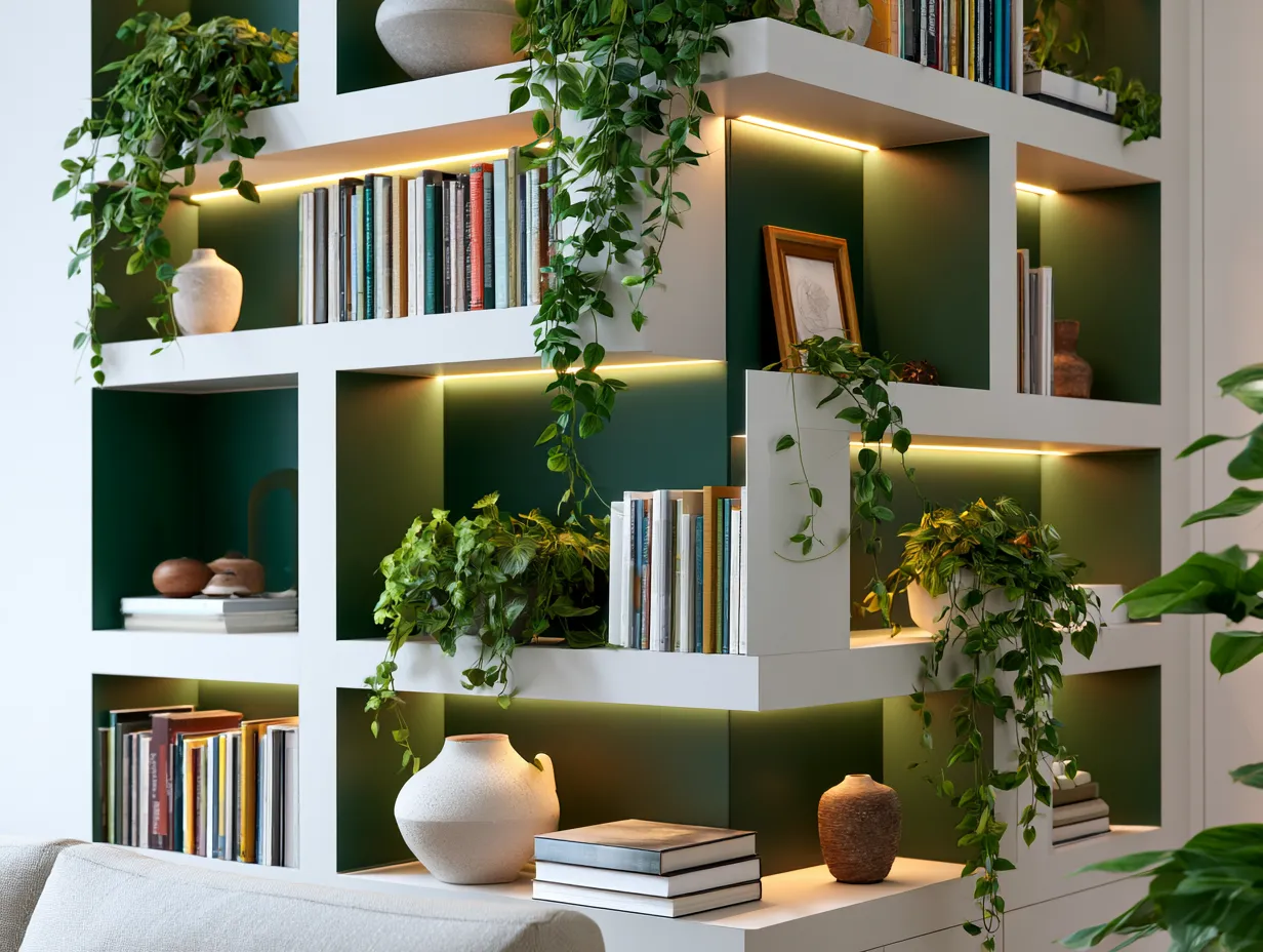 Library wall shelves with green painted back panels and LED lighting