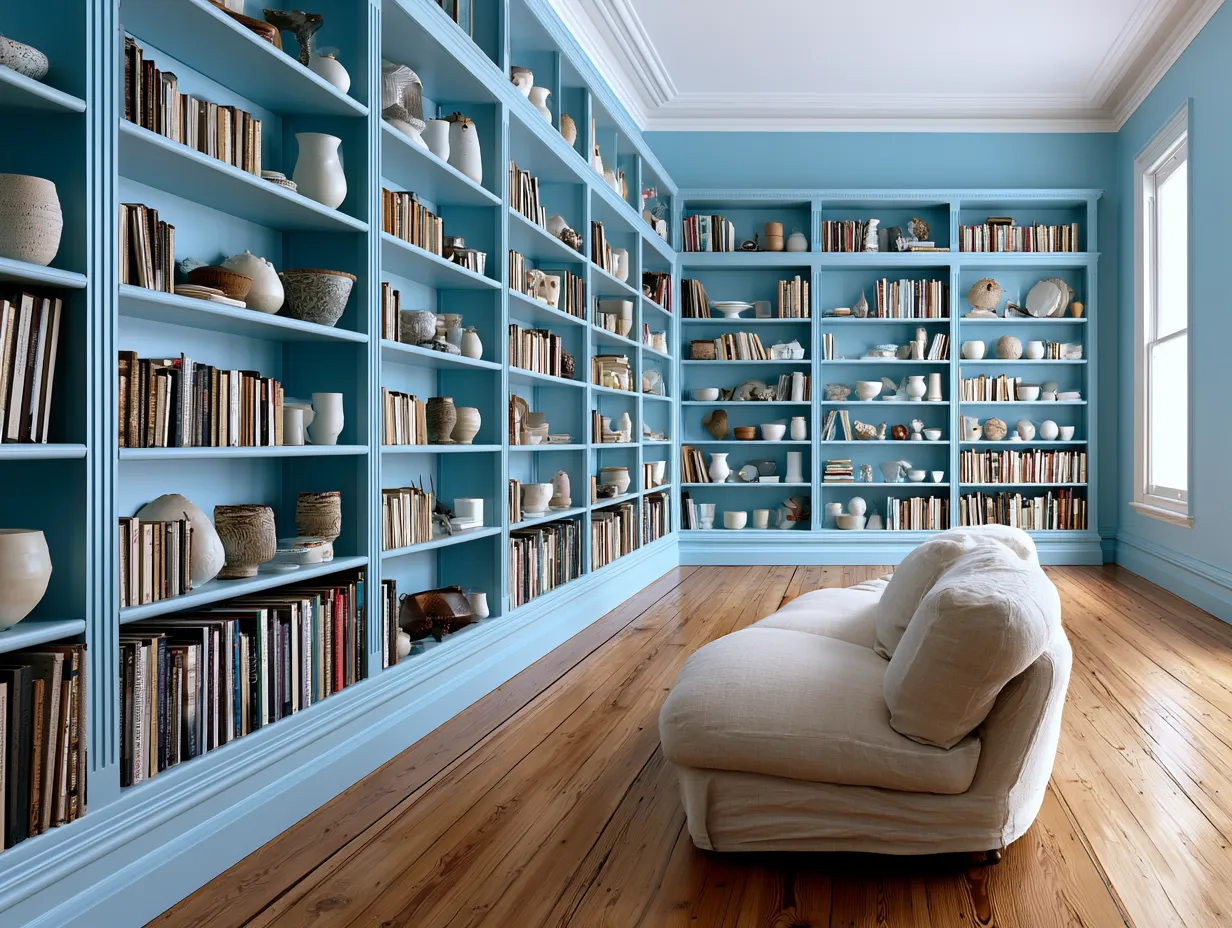 Built-in library wall with books and ceramic objects displayed