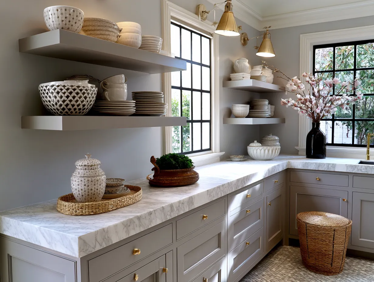 Bright afternoon kitchen with practical open shelving