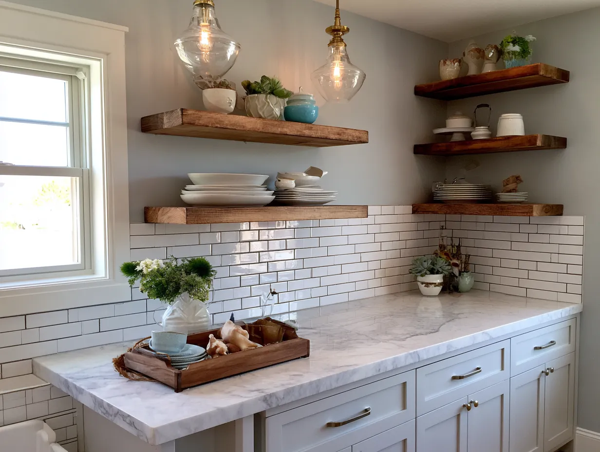 Open kitchen shelving at counter height with pottery