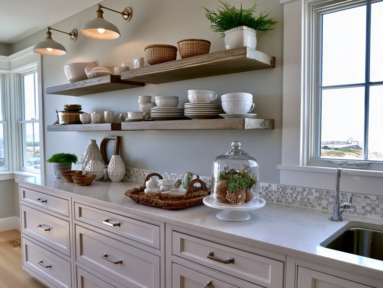 White plaster kitchen wall with natural wood shelf system