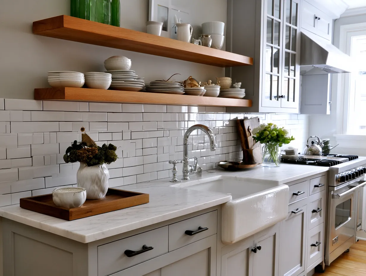 Walnut open shelves with spaced ceramic kitchenware