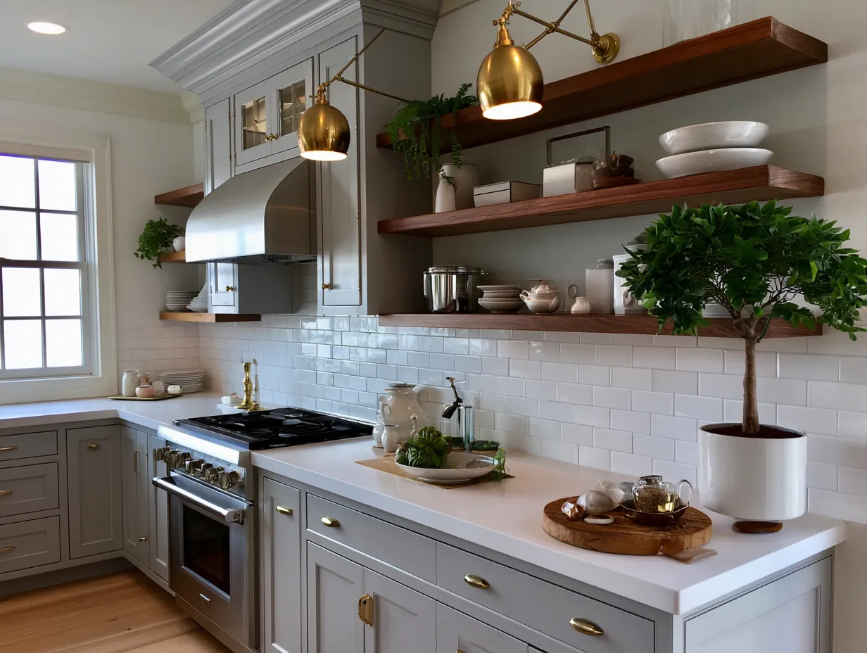 Functional styled shelving mix of pottery and books