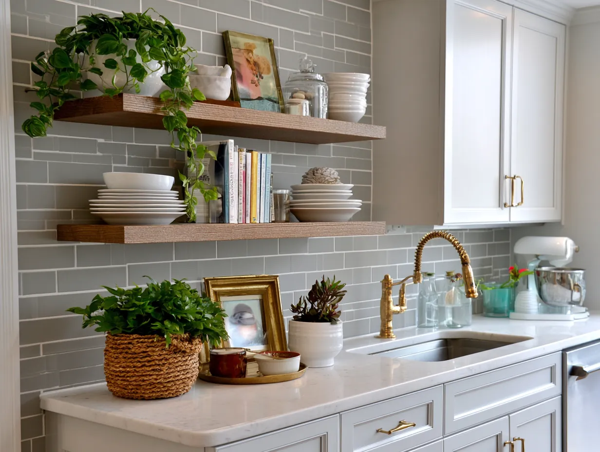 Terracotta accent pieces on white matte kitchen shelf
