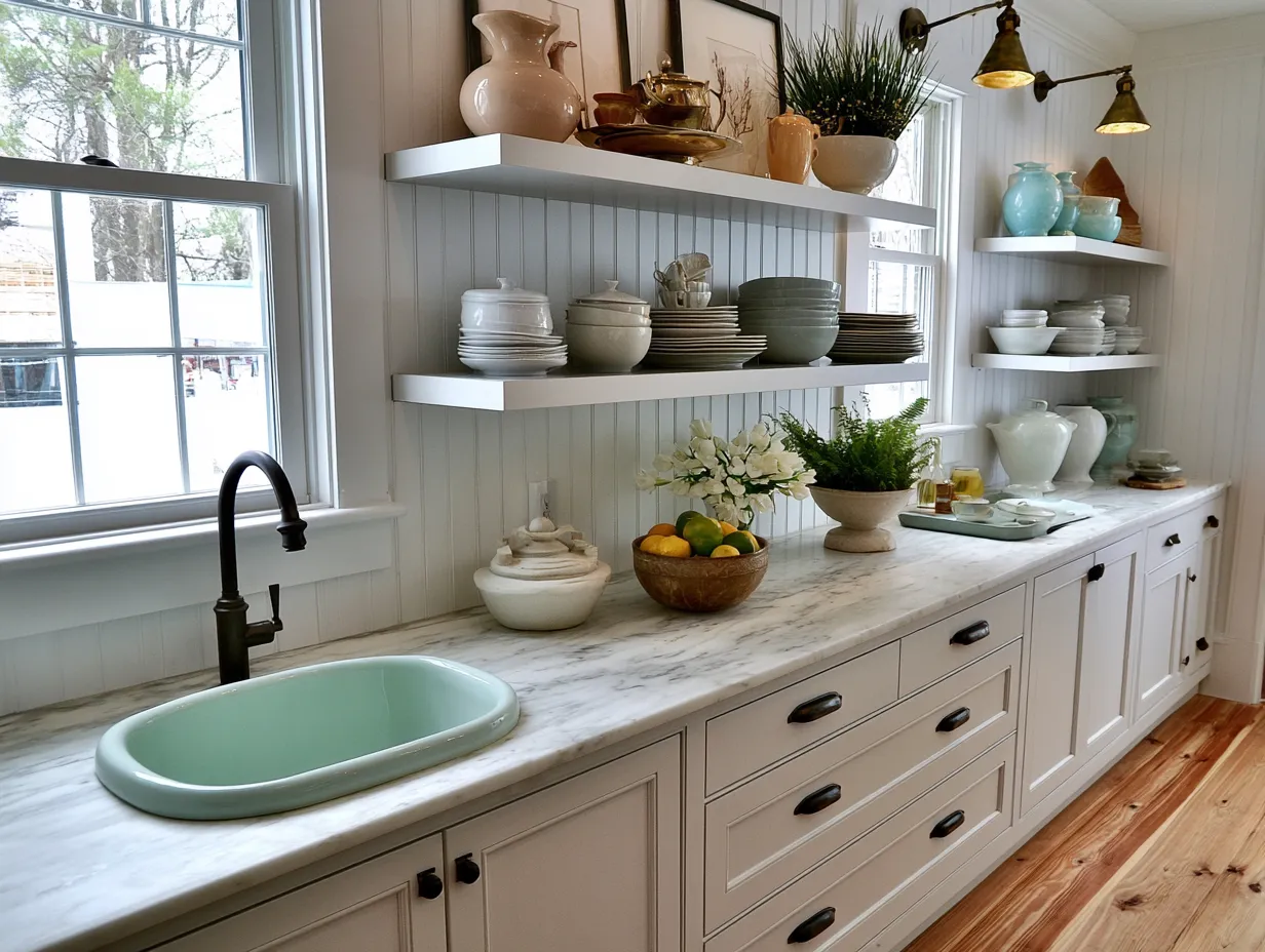 White oak floating shelf on sage tile kitchen wall