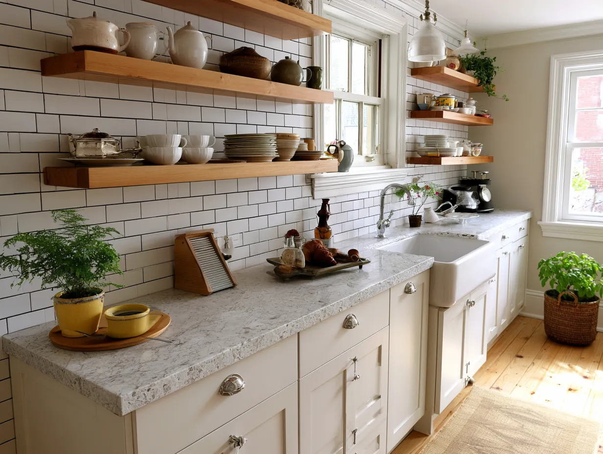 Warm light on open wood shelf in green kitchen