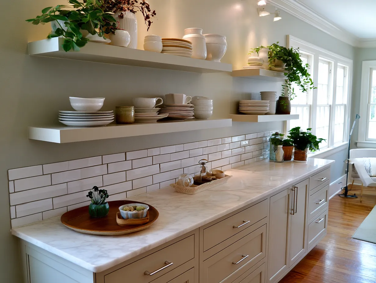 Bright kitchen wall with precisely mounted wood shelves