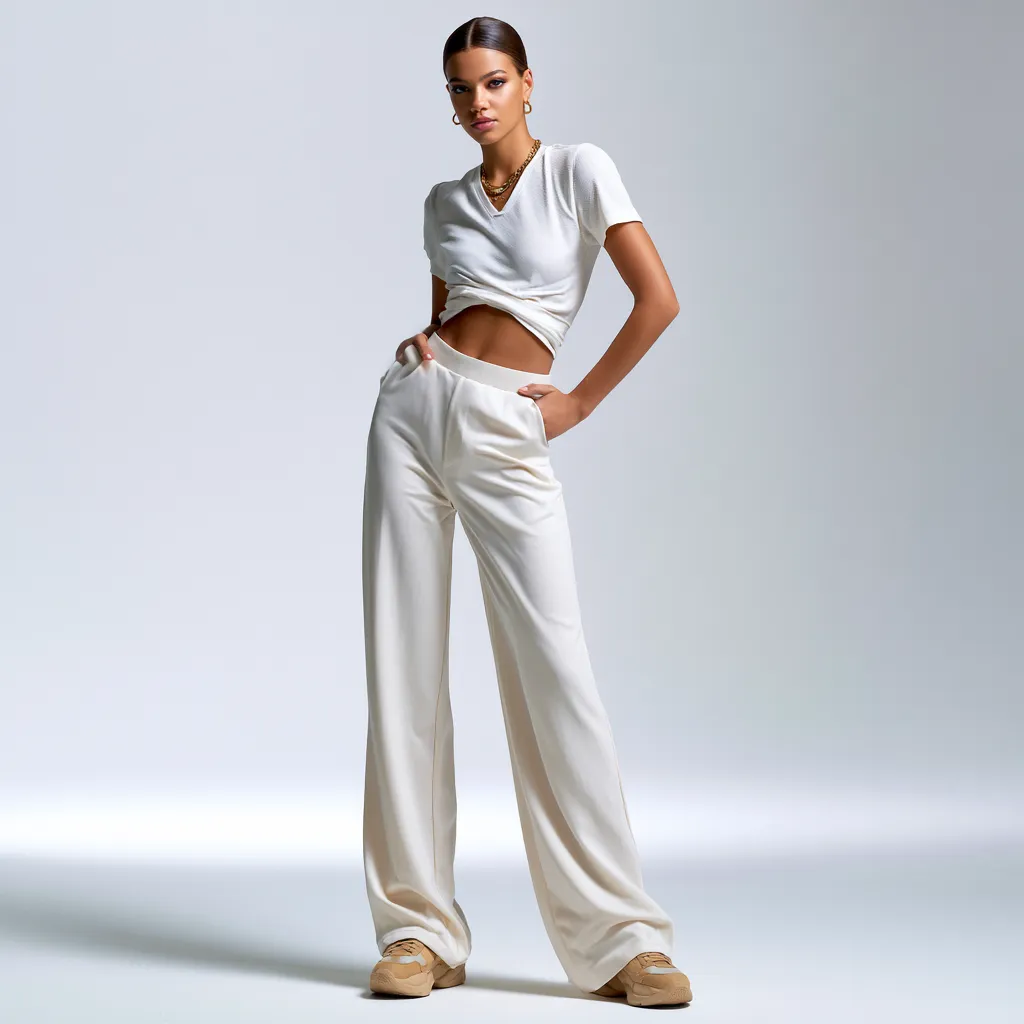 Jersey outfit styled with wide pants and minimal gold jewelry