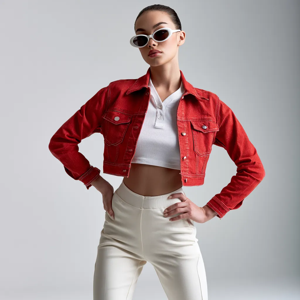 Woman in cropped denim and team tee standing studio pose