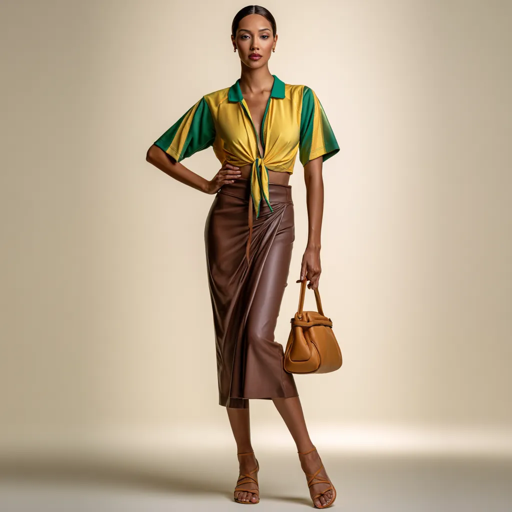 Brazil soccer jersey tucked into midi skirt styled for brunch