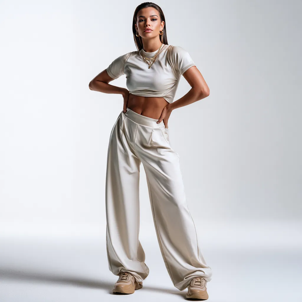 Soccer jersey half-tucked into wide-leg trousers editorial style