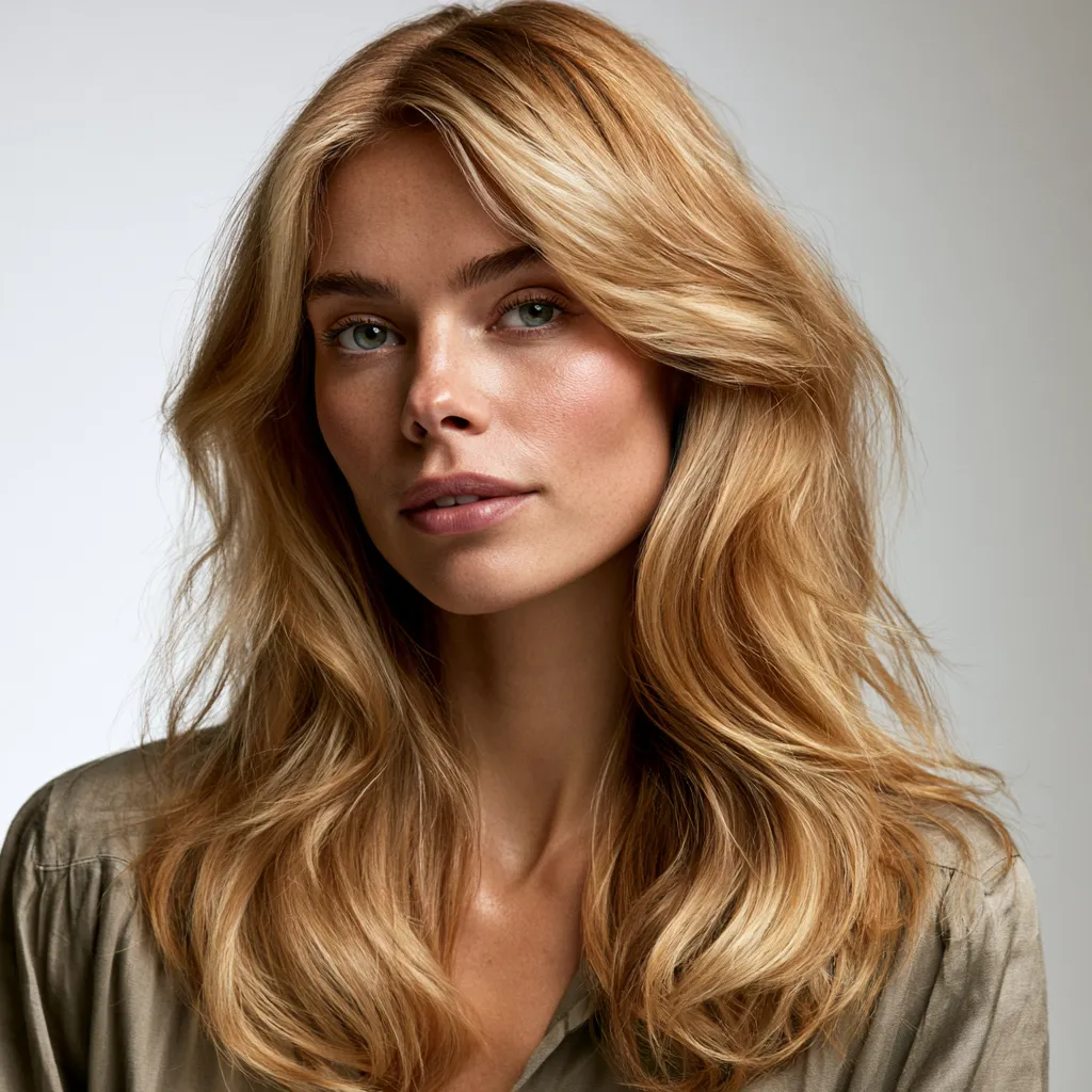 Warm golden ends with natural caramel root shadow