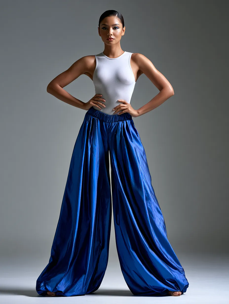 wide leg taffeta pants styled with white bodysuit