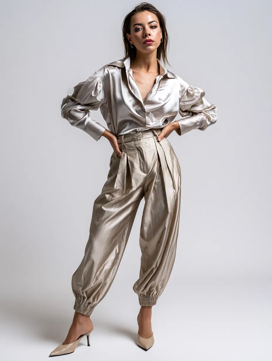 silk taffeta trouser outfit studio fashion editorial shot