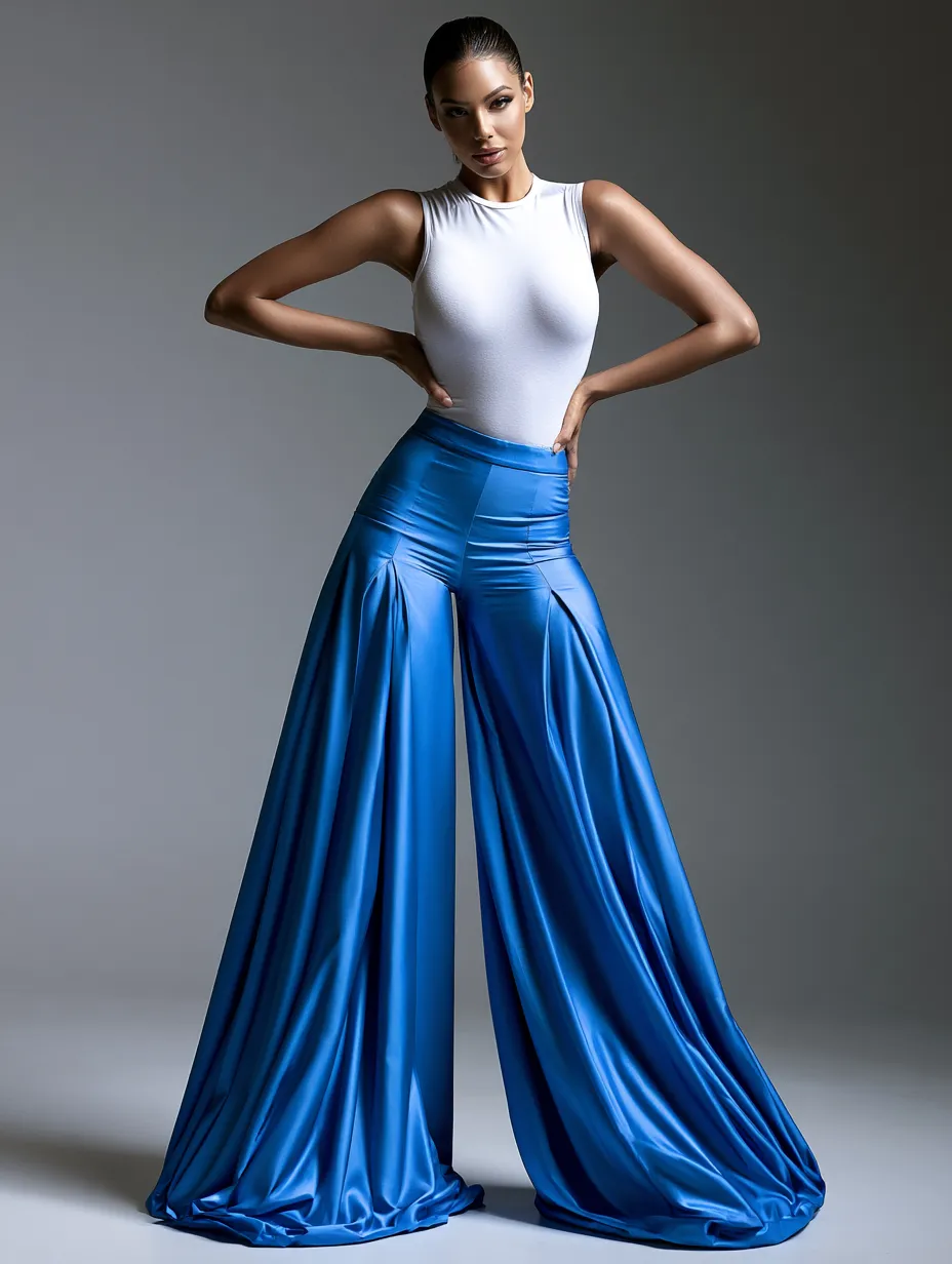 sculptural taffeta pants blue summer outfit standing pose